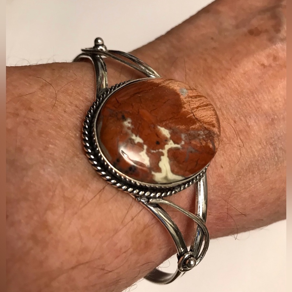 Red Jasper Stamped 925 Sterling Silver Cuff Bracelet